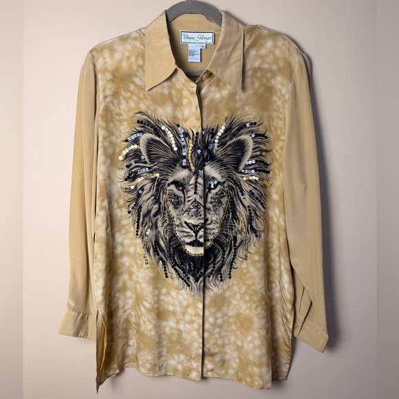 Diane Gilman Tops - Diane Gilman 100% Silk Lion Embellished Button Up Blouse Size M